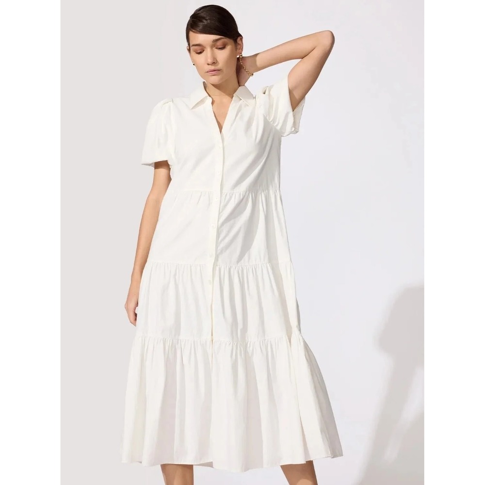 Brochu Walker Havana Tiered Midi Dress White Puff Sleeve Cotton Poplin Size M